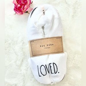 New with tags RAE DUNN 2PK Fuzzy Slippers 1 says”LOVED” other white w/Pink logo